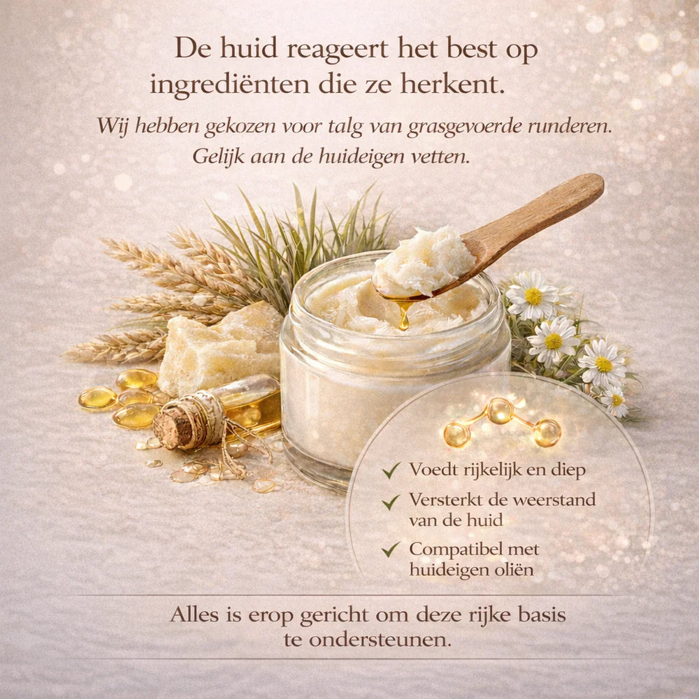 Informatieve afbeelding met de boodschap dat de huid het best reageert op ingrediënten die zij herkent, met de keuze voor grasgevoerd talg dat compatibel is met de eigen huidoliën.