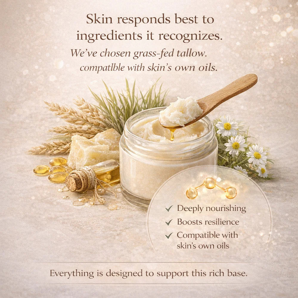 Informative image stating that skin responds best to ingredients it recognizes, highlighting the choice for grass-fed tallow compatible with the skin’s own oils.