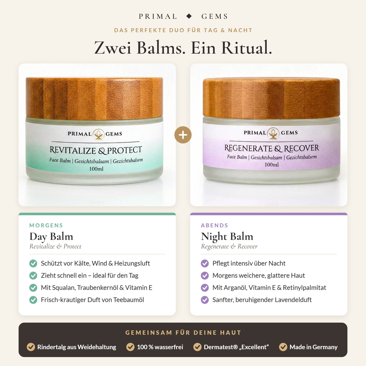 Day Balm and Night Balm 100 ml complement each other: protect in the morning, regenerate at night – Primal Gems Tallow Ritual Set