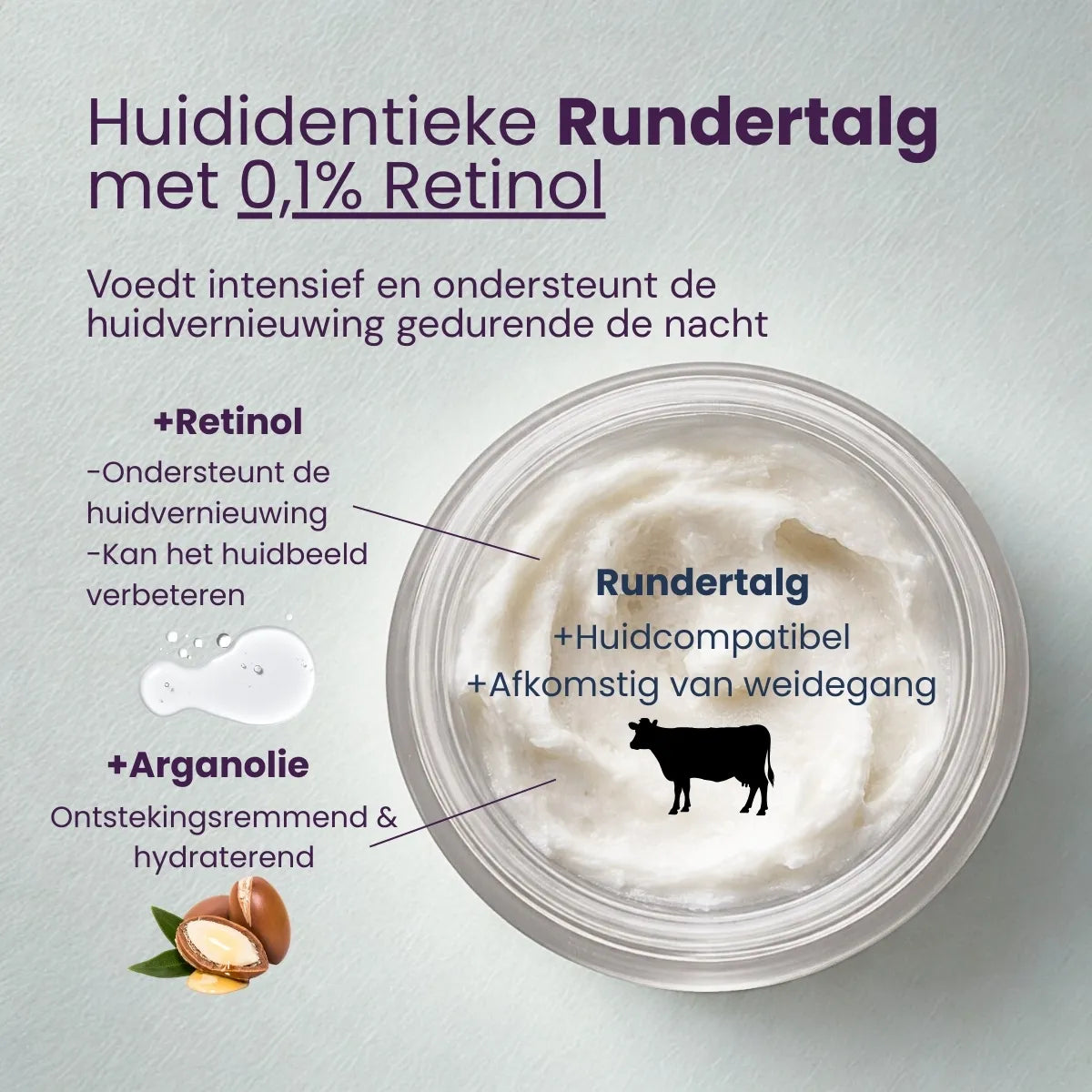 Bovenaanzicht van tallow face balm met 0,1% retinol en arganolie voor nachtelijke huidvernieuwing