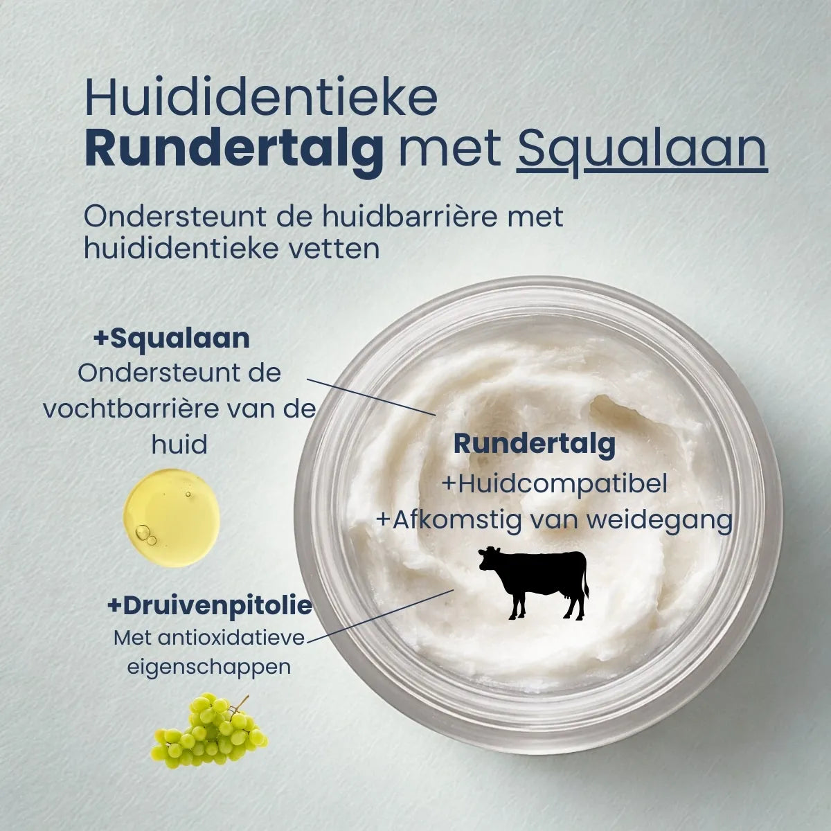 Bovenaanzicht van tallow face balm met squalaan en druivenpitolie ter ondersteuning van de huidbarrière