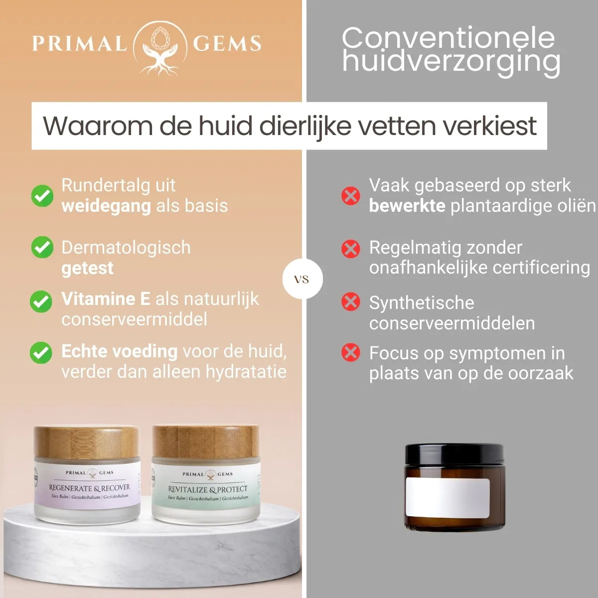 Vergelijking tussen tallow face balms van Primal Gems en conventionele huidverzorging