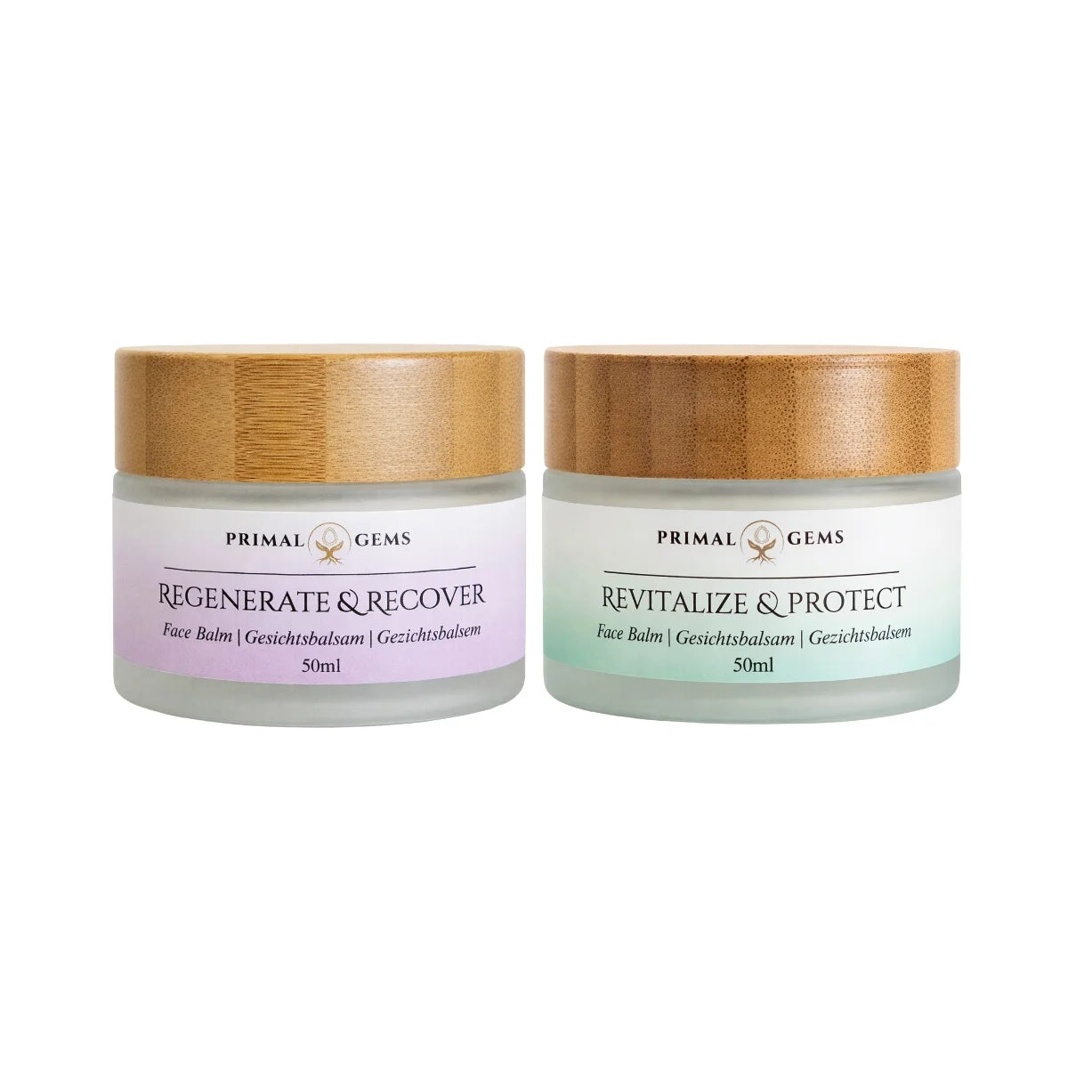 Primal Gems tallow face balm set with two jars, green and purple labels, bamboo lids, 50 ml
