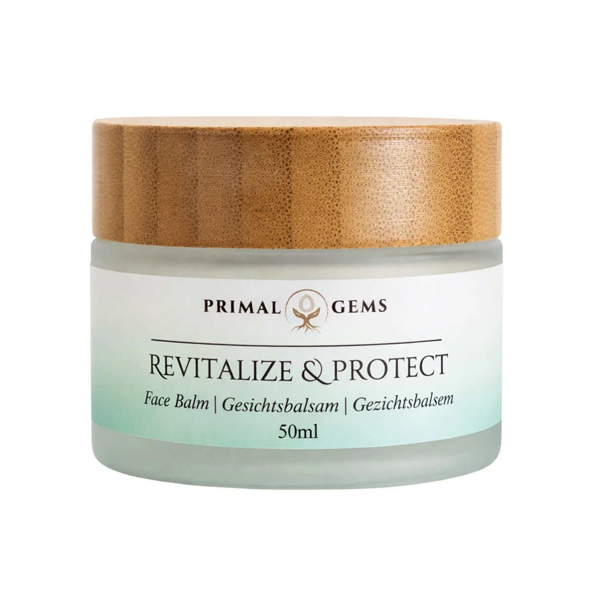 Primal Gems The Morning Essential tallow face balm jar with green label and bamboo lid, Revitalize & Protect, 50 ml