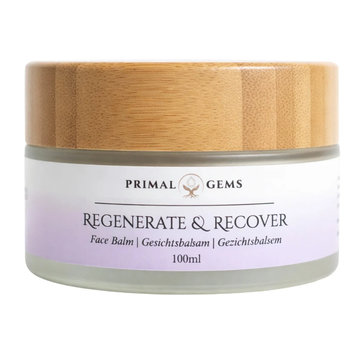 Primal Gems Regenerate & Recover tallow face balm jar with purple label and bamboo lid, 100 ml