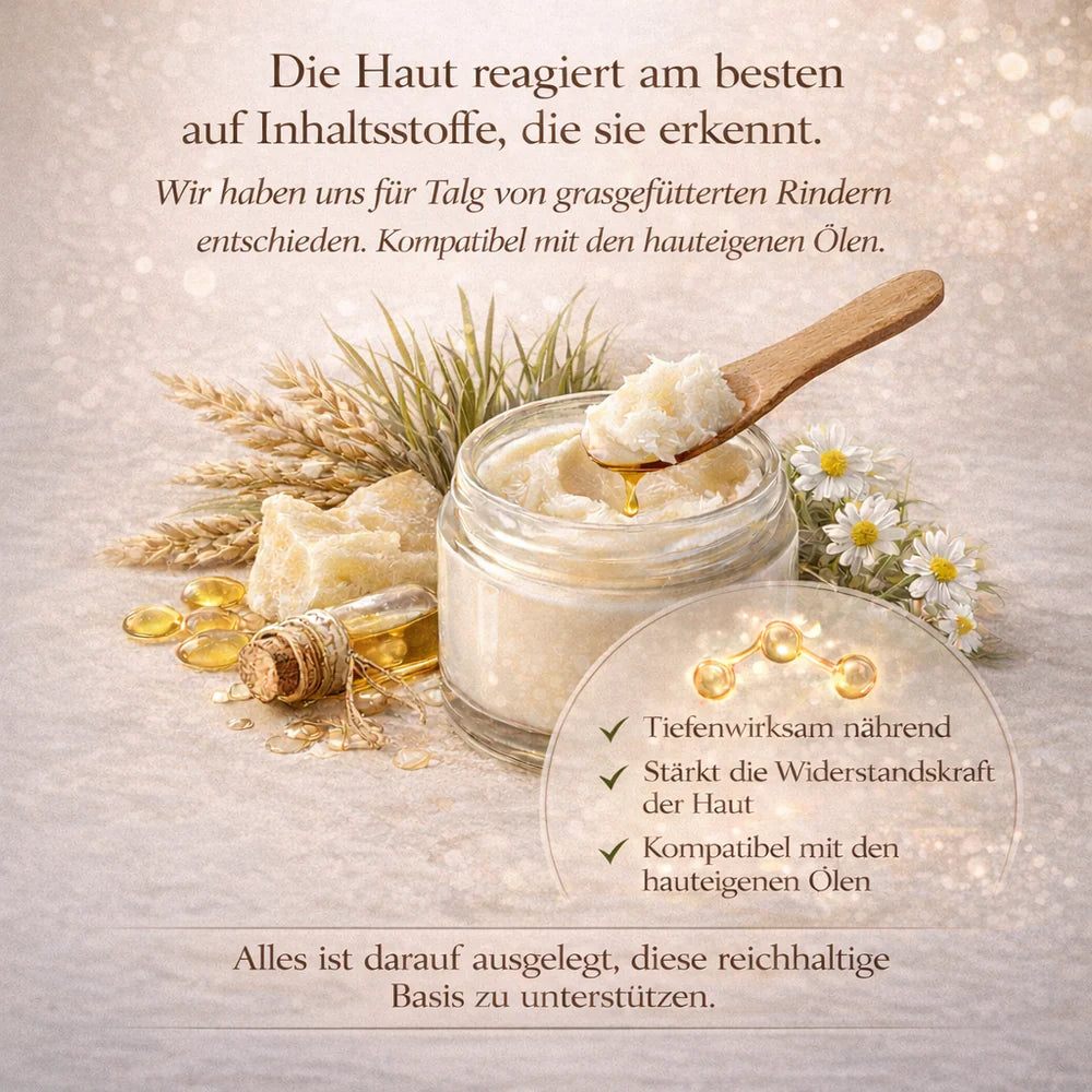 Informatives Bild mit der Aussage, dass die Haut am besten auf Inhaltsstoffe reagiert, die sie erkennt, mit Fokus op grasgefüttertes Talg, das mit den hauteigenen Lipiden kompatibel ist.