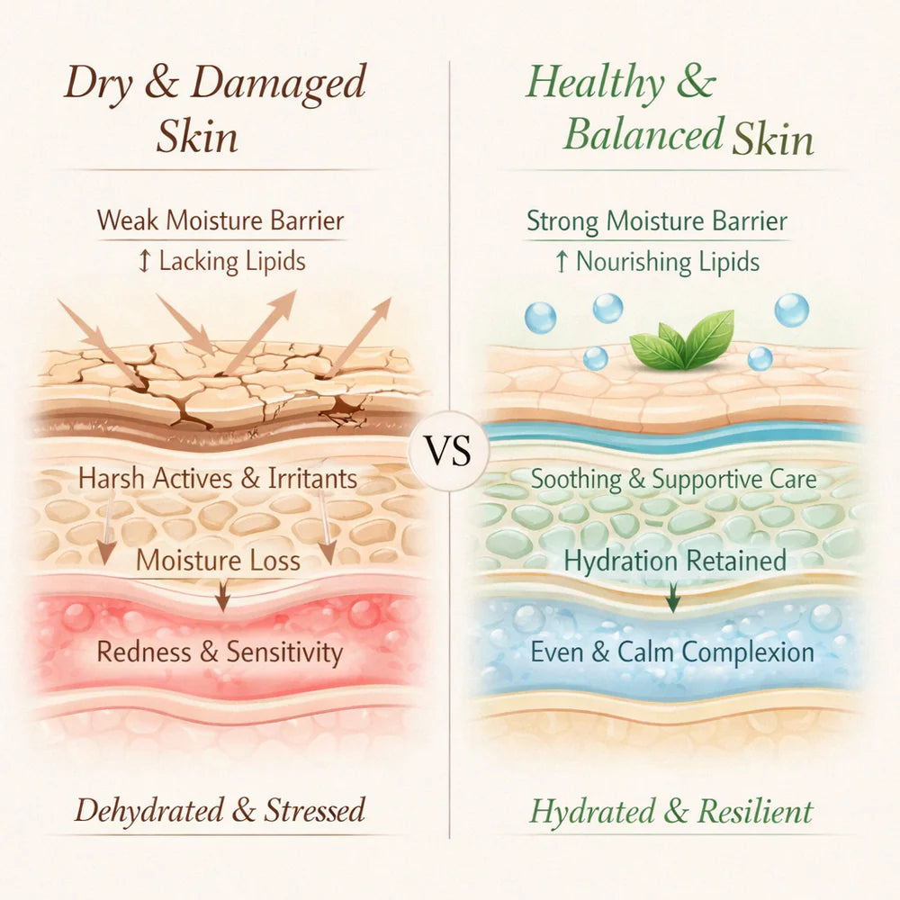 Side-by-side comparison showing dry, damaged skin with visible irritation and imbalance versus healthy, balanced skin with a smooth and even appearance.