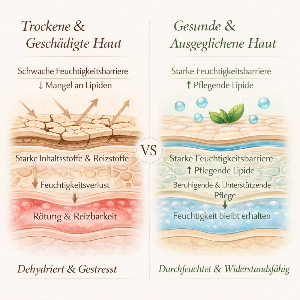 Nebeneinanderstellung von trockener, geschädigter Haut mit sichtbarer Irritation und Ungleichgewicht im Vergleich zu gesunder, ausgeglichener Haut mit glattem, ebenmäßigem Erscheinungsbild.