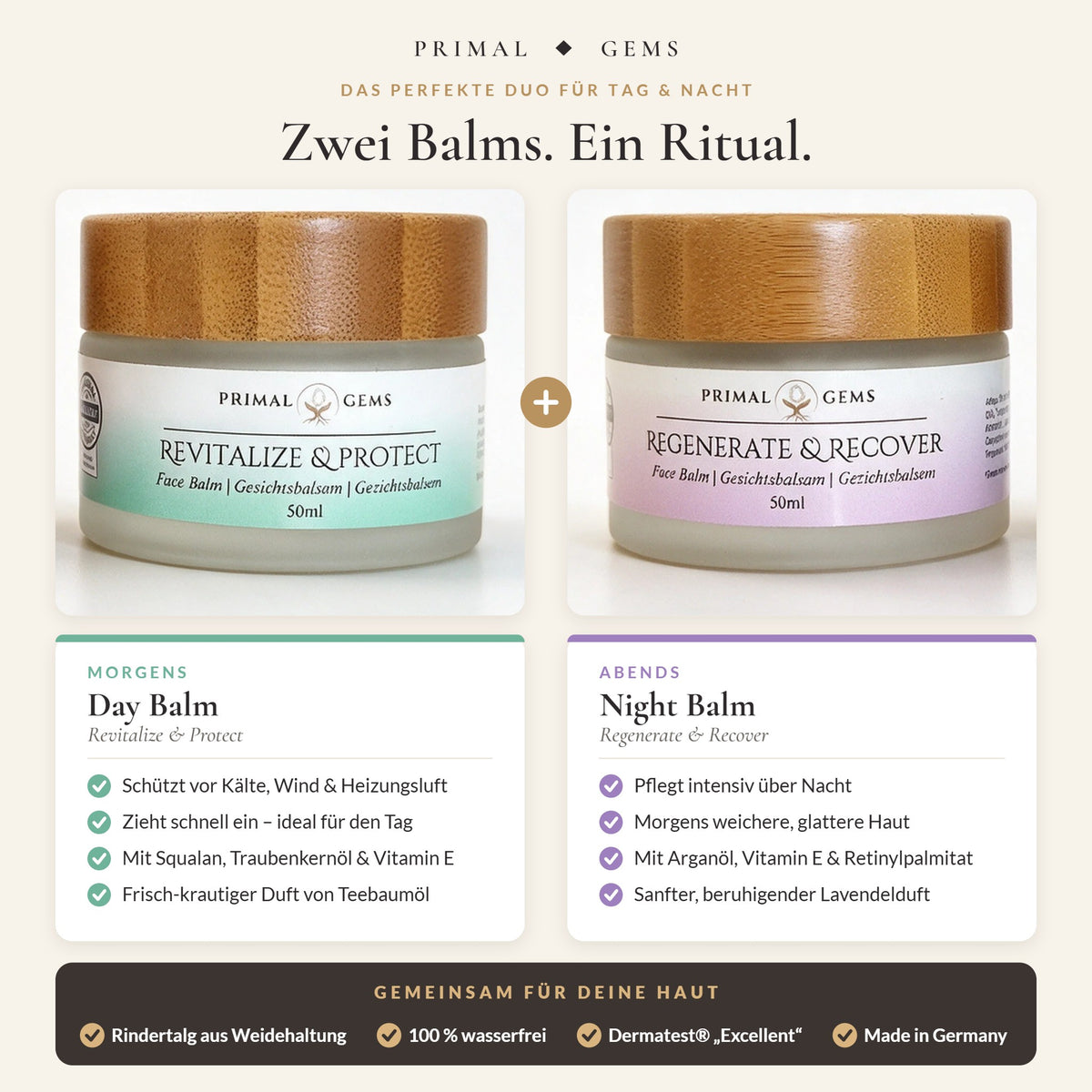 Day Balm and Night Balm 50 ml complement each other: protect in the morning, regenerate at night – Primal Gems Tallow Ritual Set