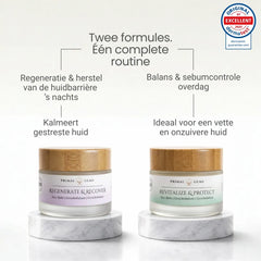 Twee tallow face balms van Primal Gems voor een complete huidverzorgingsroutine overdag en ’s nachts