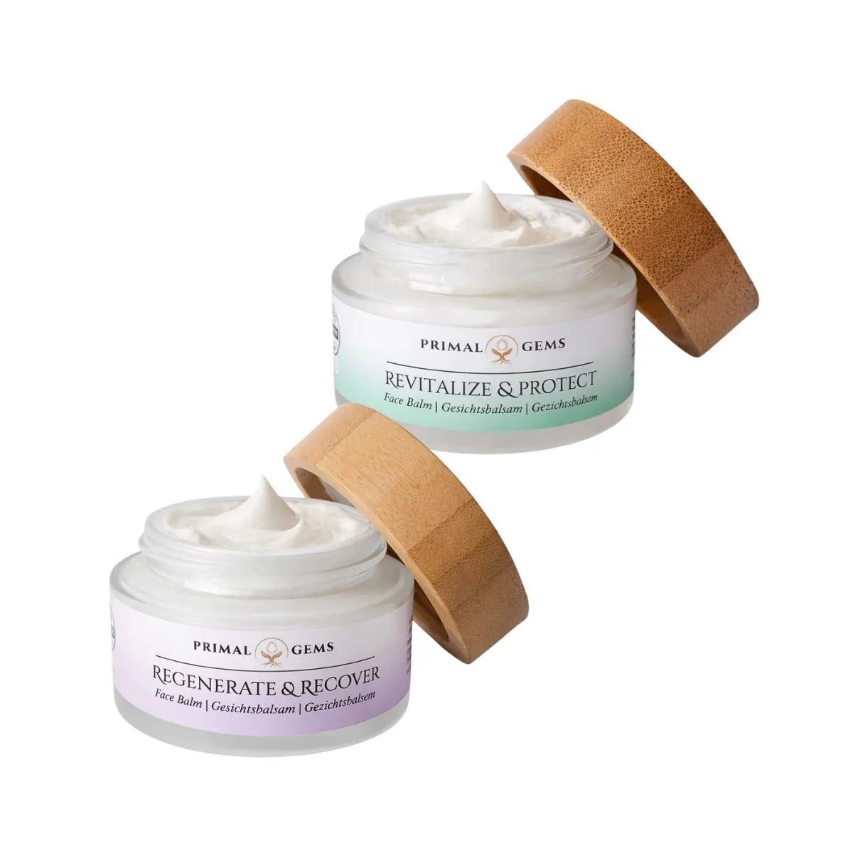 Set van Regenerate & Recover en Revitalize & Protect tallow face balm van Primal Gems in frosted glazen potten met bamboe deksel