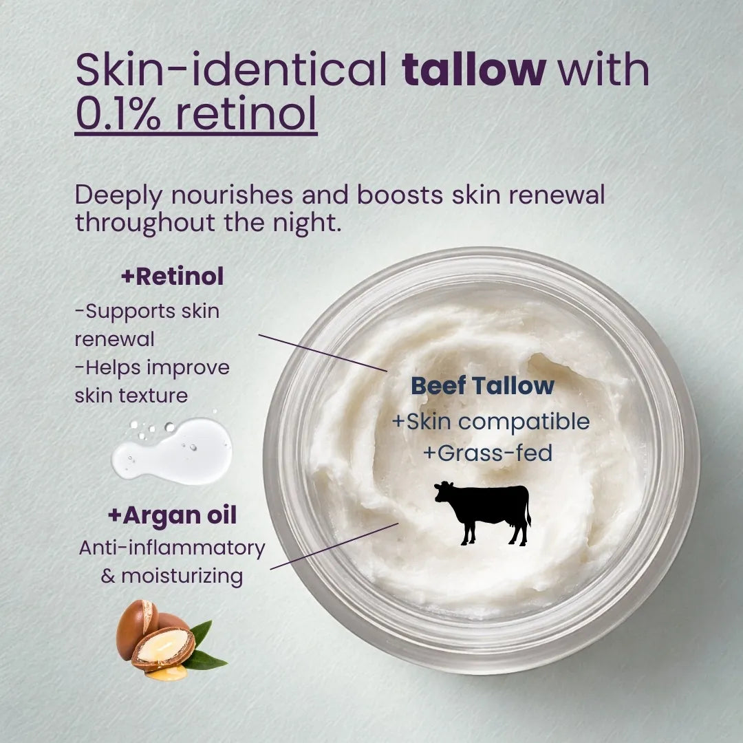 Top-down view of Regenerate & Recover tallow face balm highlighting retinol, argan oil and pasture-raised beef tallow.