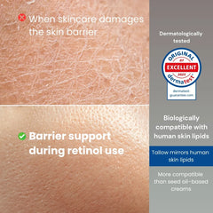 Illustration showing compromised versus protected skin barrier during retinol use with tallow-based skincare explanation.