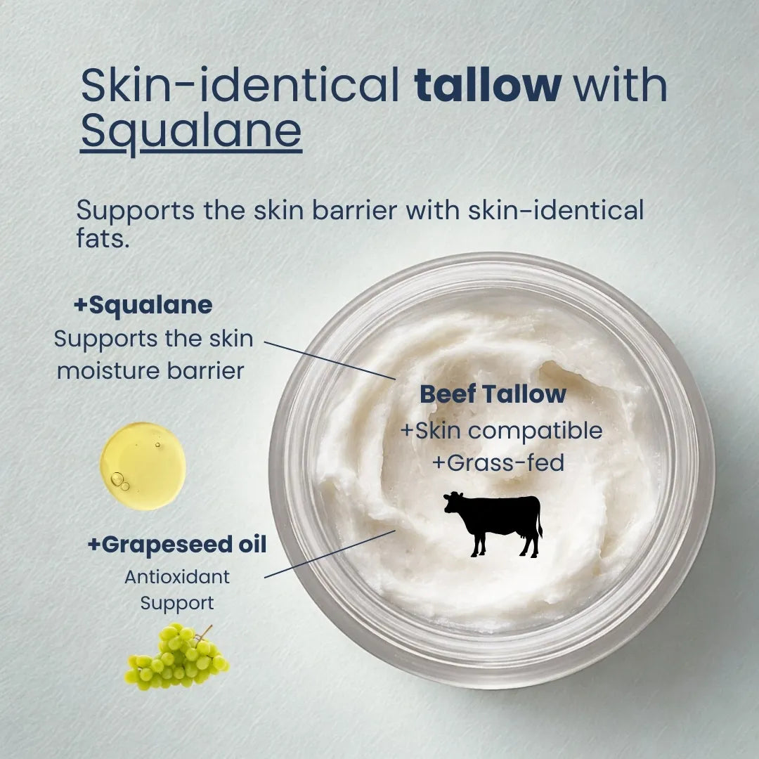 Top-down view of Revitalize & Protect tallow face balm highlighting squalane, grapeseed oil and pasture-raised beef tallow.