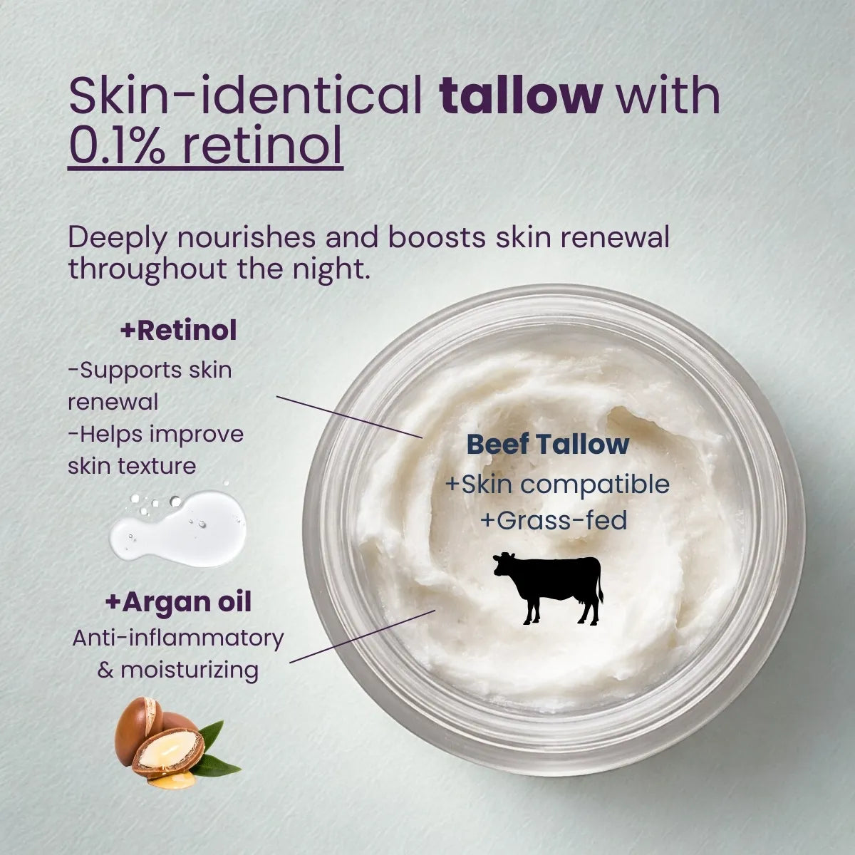 Top view of tallow face balm with 0.1% retinol and argan oil for overnight skin renewal