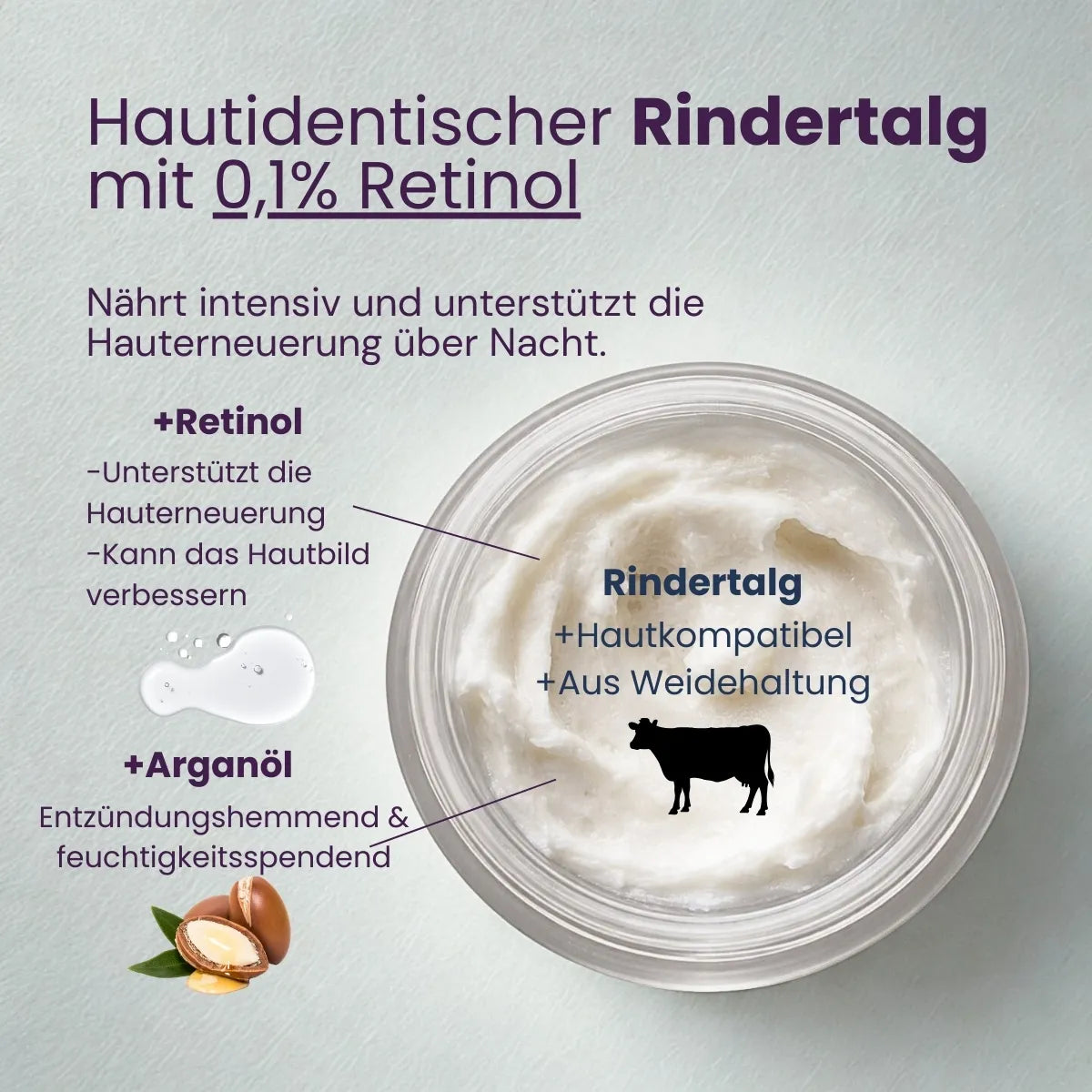 Draufsicht auf Tallow Face Balm mit 0,1 % Retinol und Arganöl zur nächtlichen Hauterneuerung