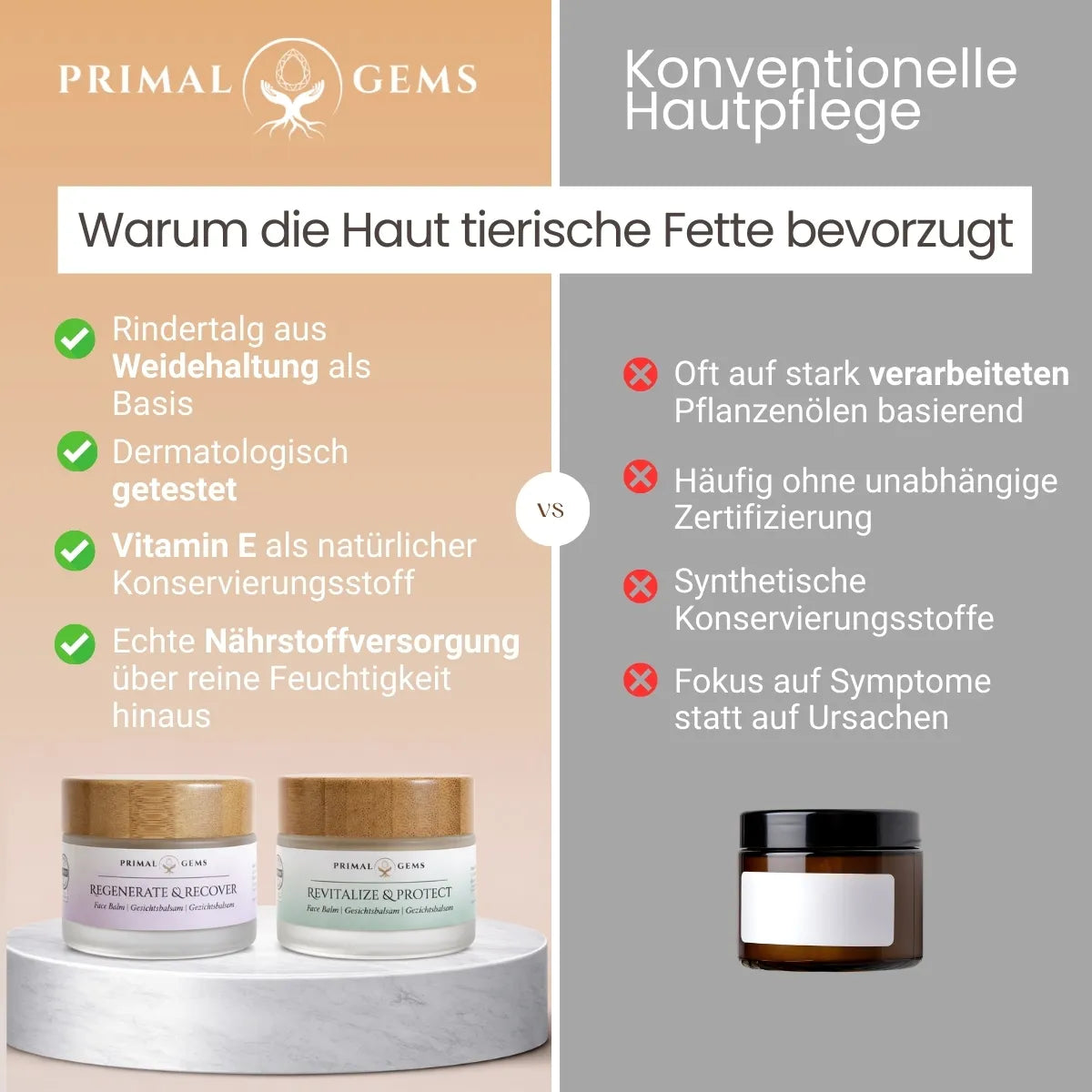 Vergleich zwischen Tallow Face Balms von Primal Gems und konventioneller Hautpflege