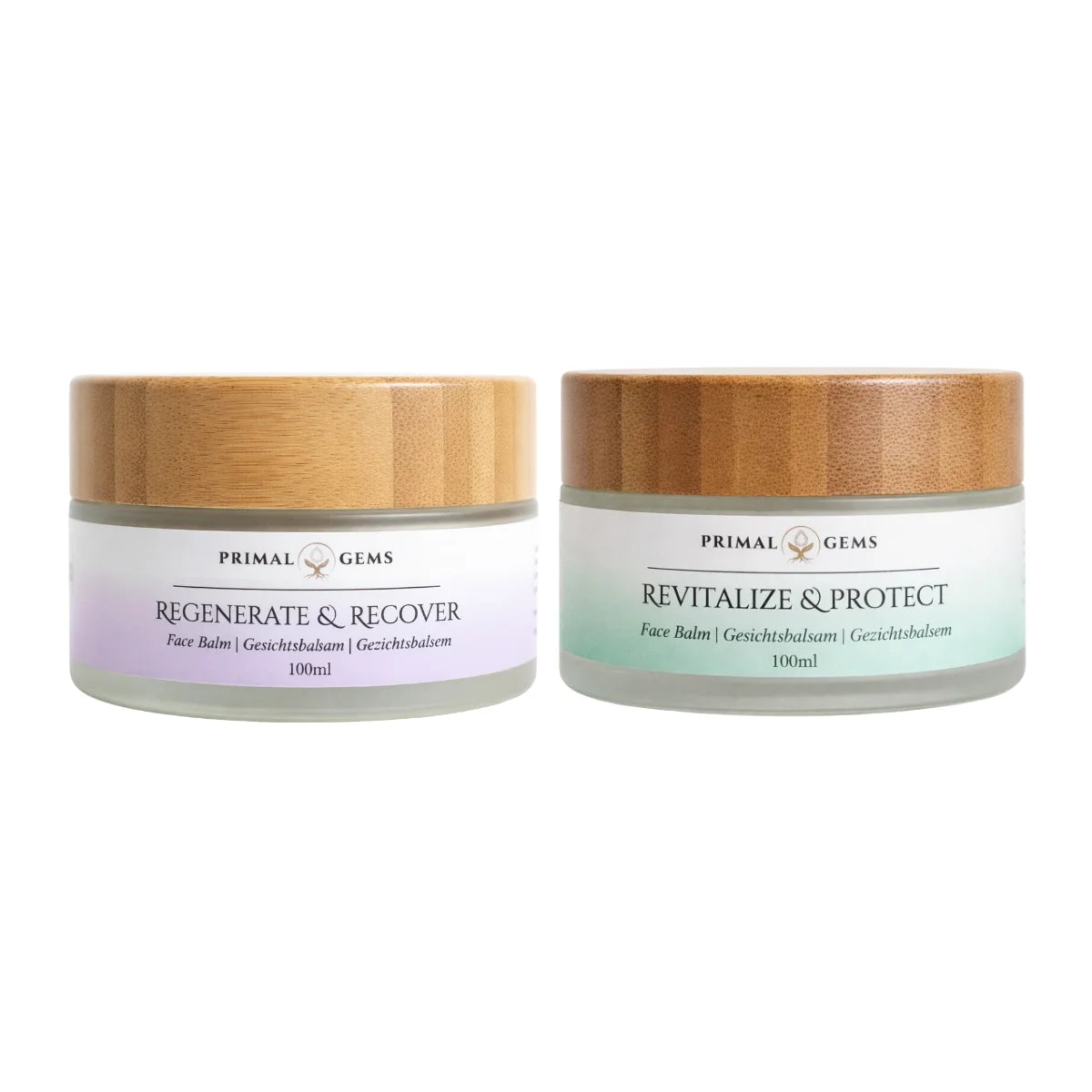 Primal Gems tallow face balm set with two jars, green and purple labels, bamboo lids, 100 ml