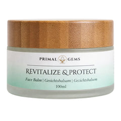 Primal Gems The Morning Essential tallow face balm jar with green label and bamboo lid, Revitalize & Protect, 100 ml