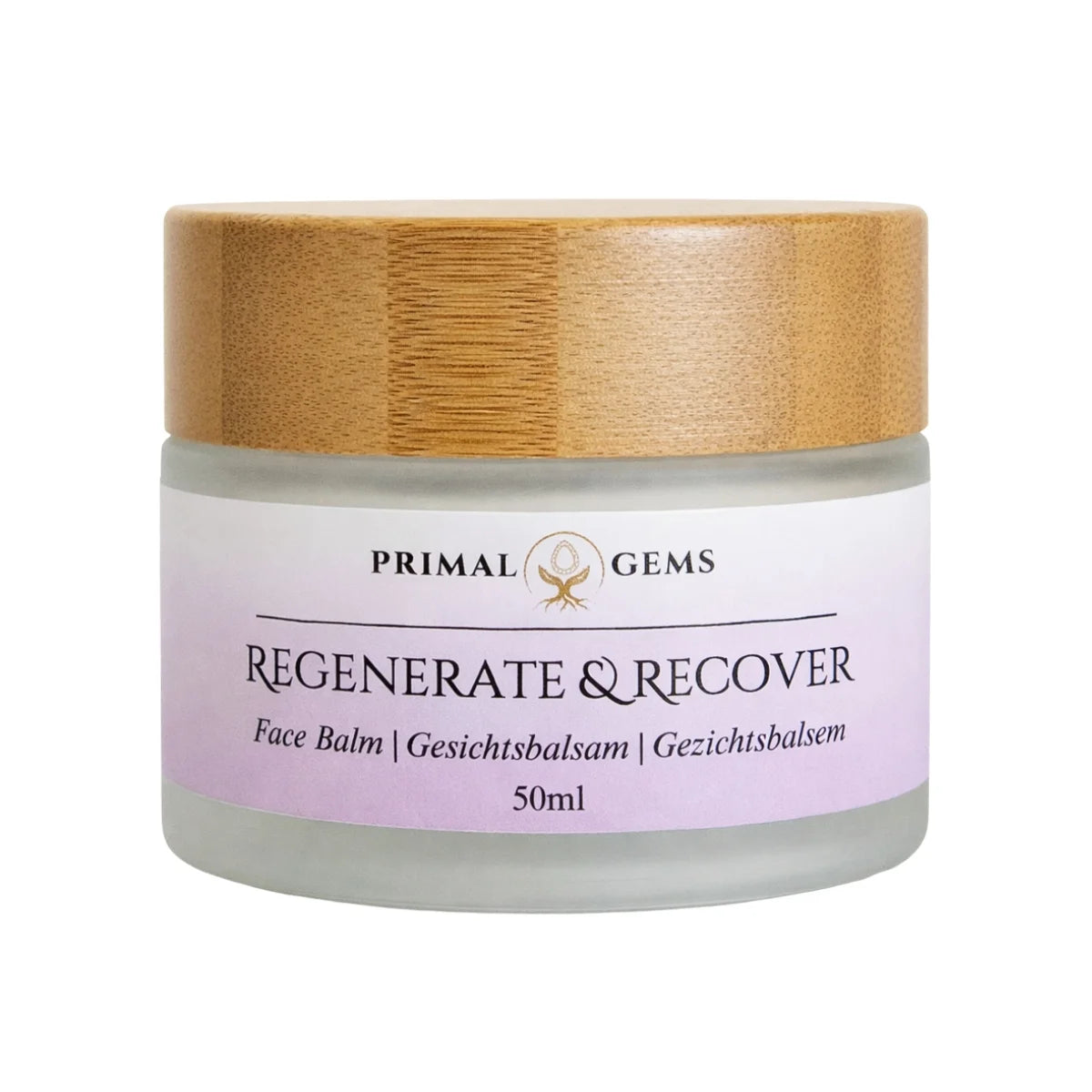 Primal Gems Regenerate & Recover tallow face balm jar with purple label and bamboo lid, 50 ml