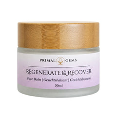 Primal Gems Regenerate & Recover tallow face balm jar with purple label and bamboo lid, 50 ml